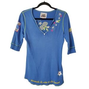 Alp n Rock Blue Capri Embroidered 3/4 Sleeve Women's 2 Top Henley